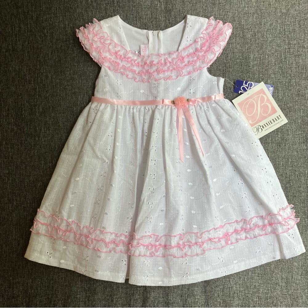 NWT Bonnie Baby 2pc White Eyelet Dress & Bloomer Set Pink Ruffles Waster 24M